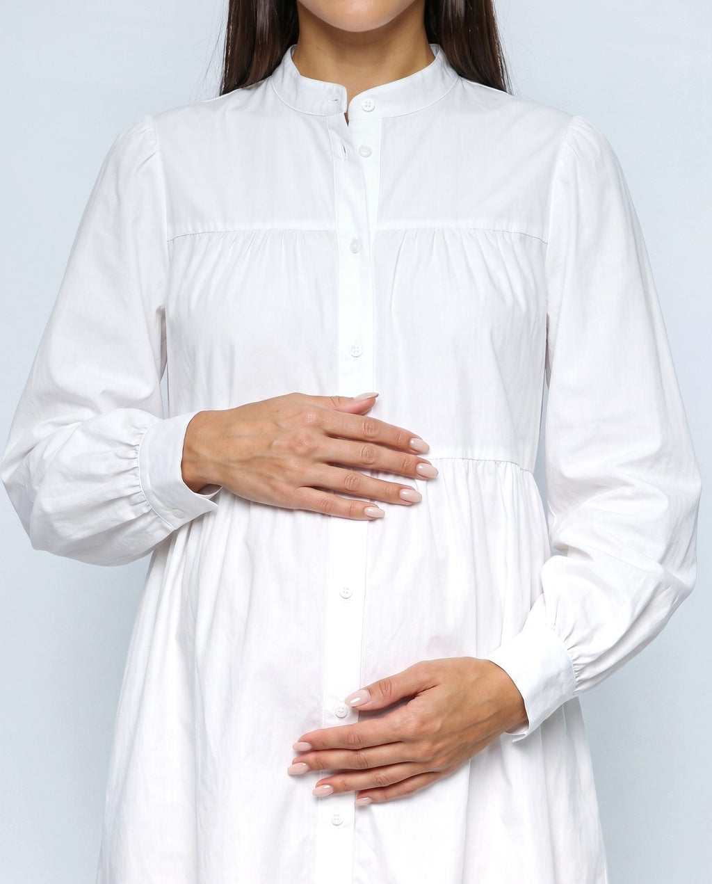 Leonie Maternity Shirt Dress in Optic white, fabric detail