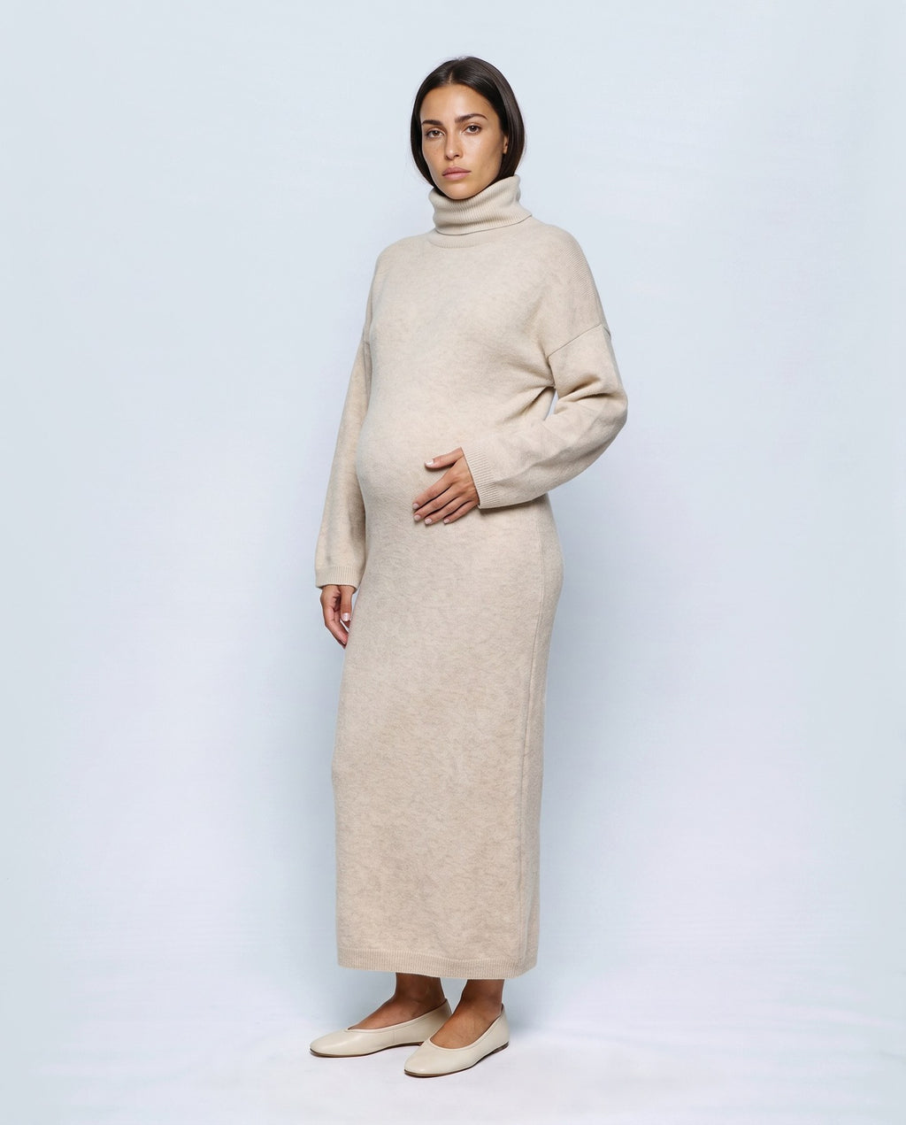 Lou Roll-Neck Maxi Dress in Apricot, front view