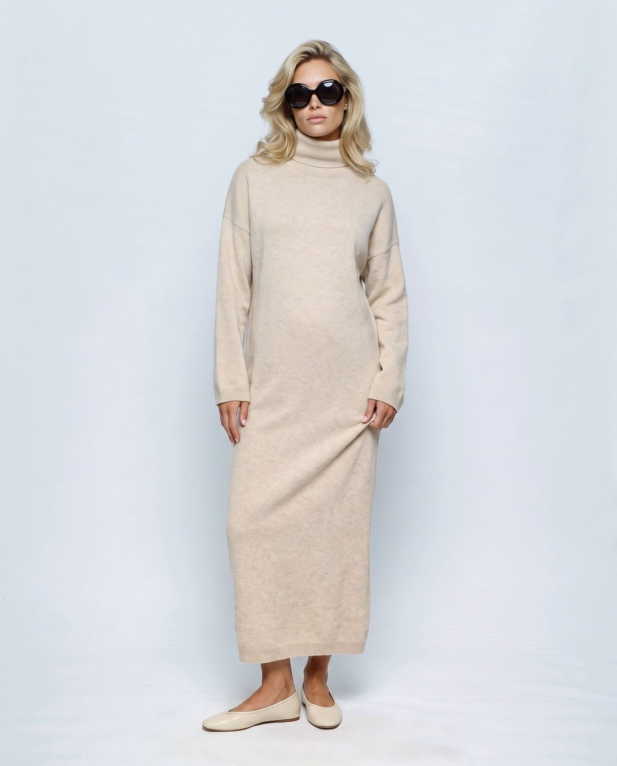 Lou Roll-Neck Maxi Dress in Apricot, front view on a non-pregnant model