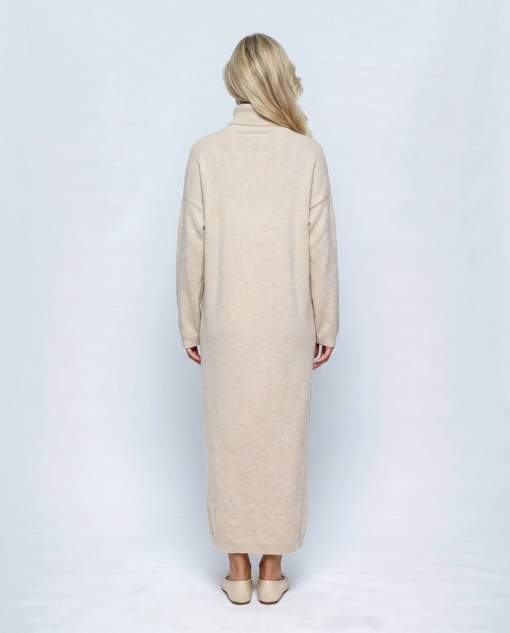 Lou Roll-Neck Maxi Dress in Apricot, back view on a non-pregnant model