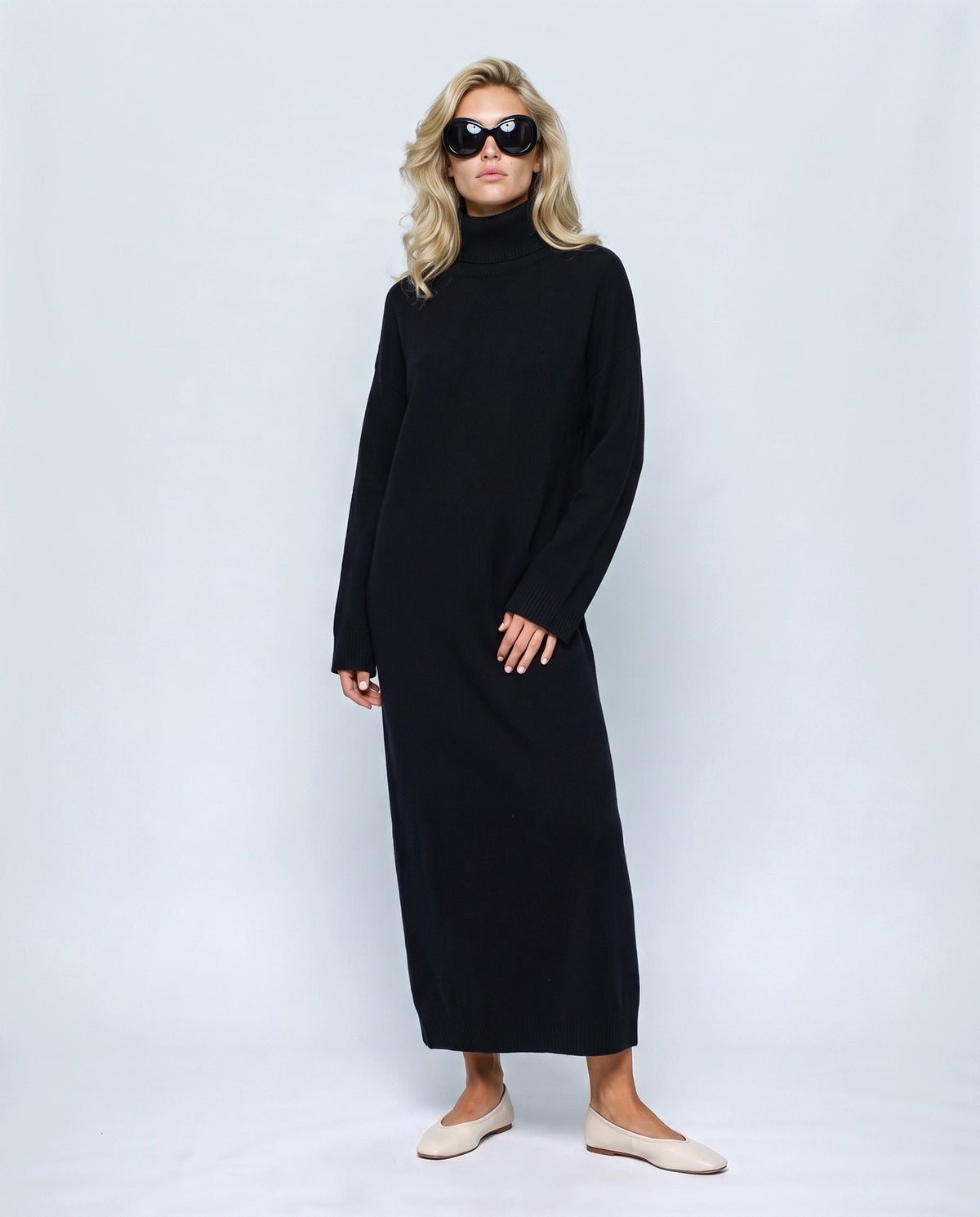Lou Roll-Neck Maxi Dress in Black, front view on a non-pregnant model