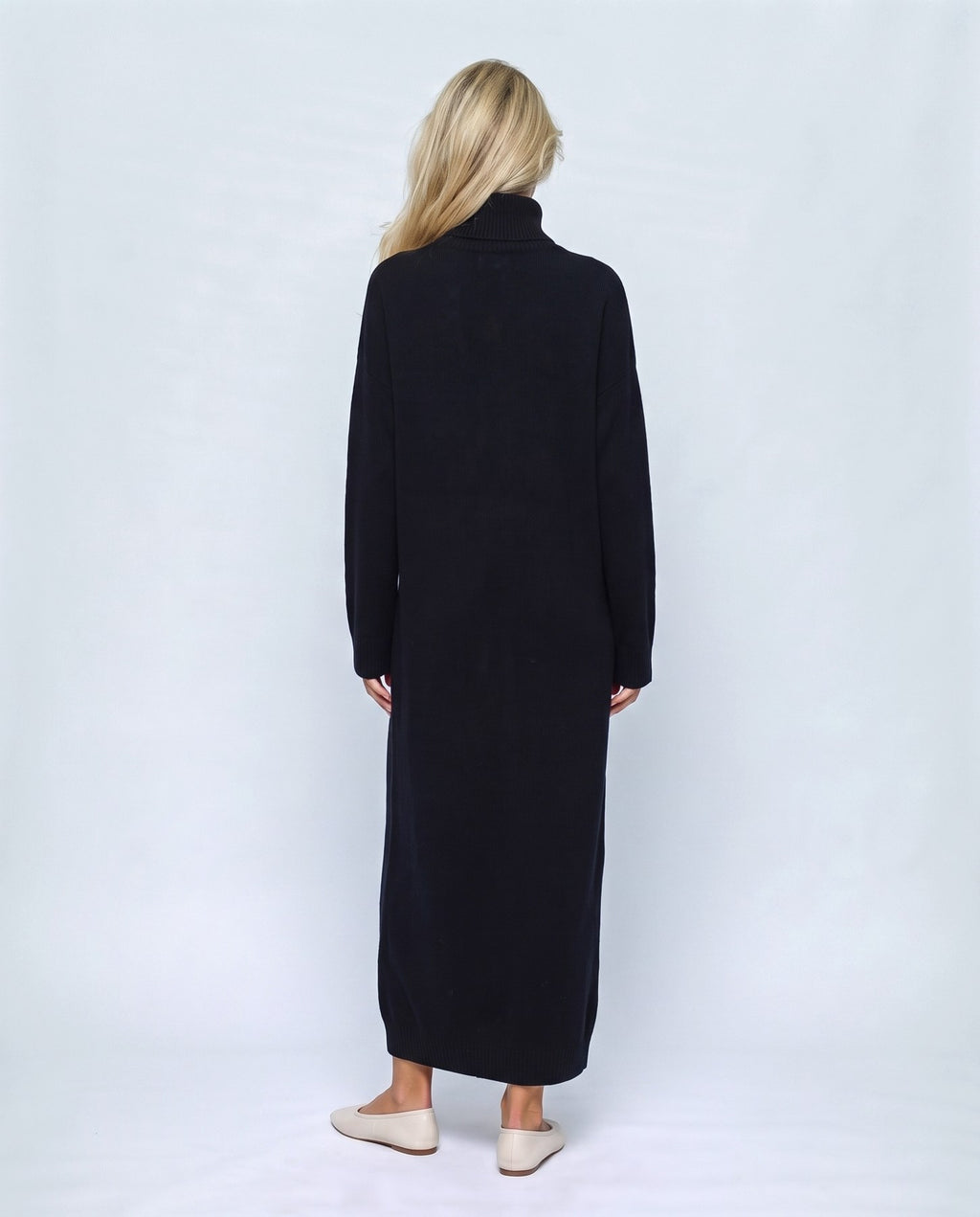 Lou Roll-Neck Maxi Dress in Black, back view on a non-pregnant model
