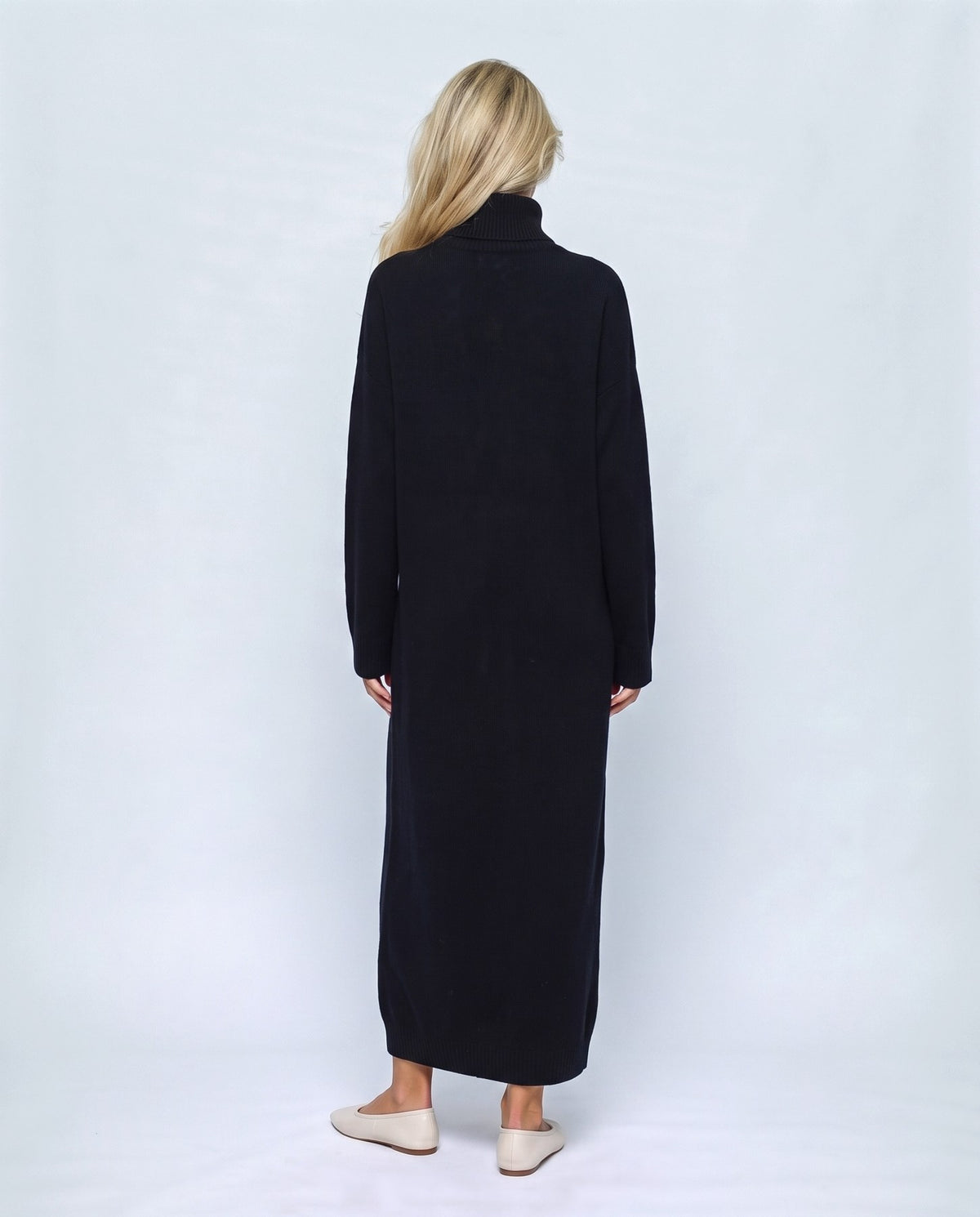 Lou Roll-Neck Maxi Dress in Black, back view on a non-pregnant model
