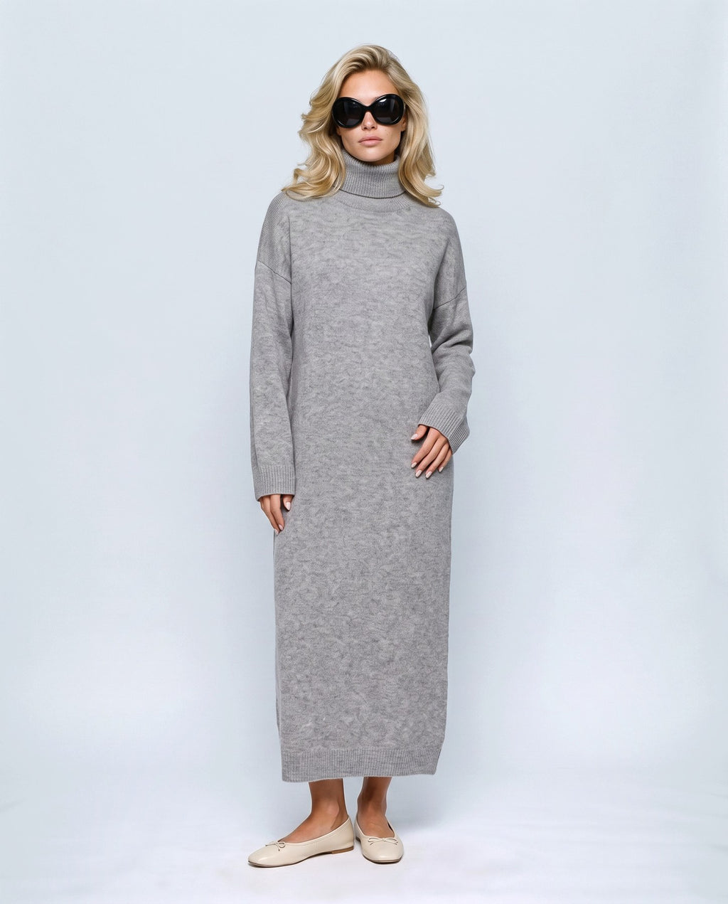 Lou Roll-Neck Maxi Dress in Grey, front view on a non-pregnant model