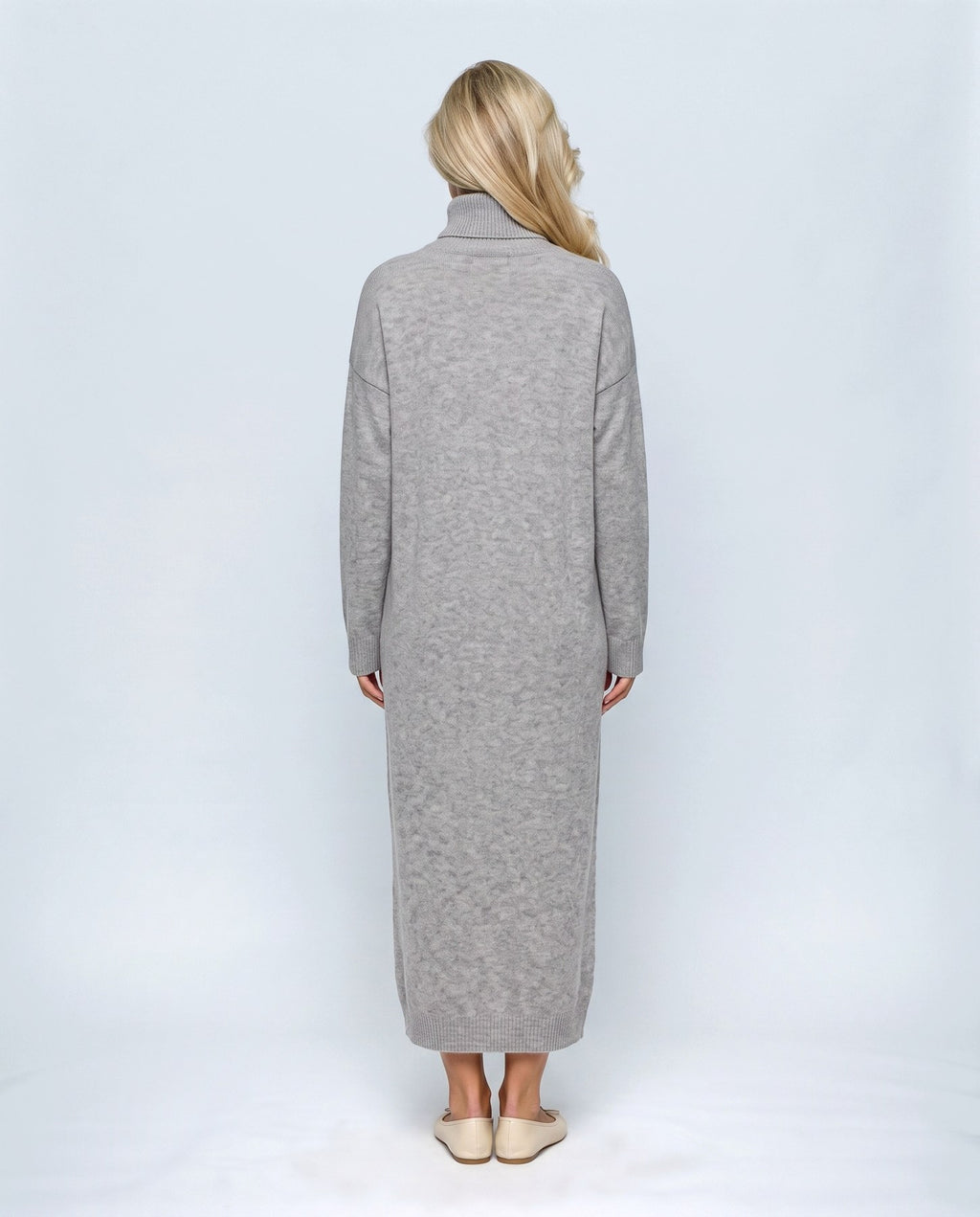 Lou Roll-Neck Maxi Dress in Grey, back view on a non-pregnant model