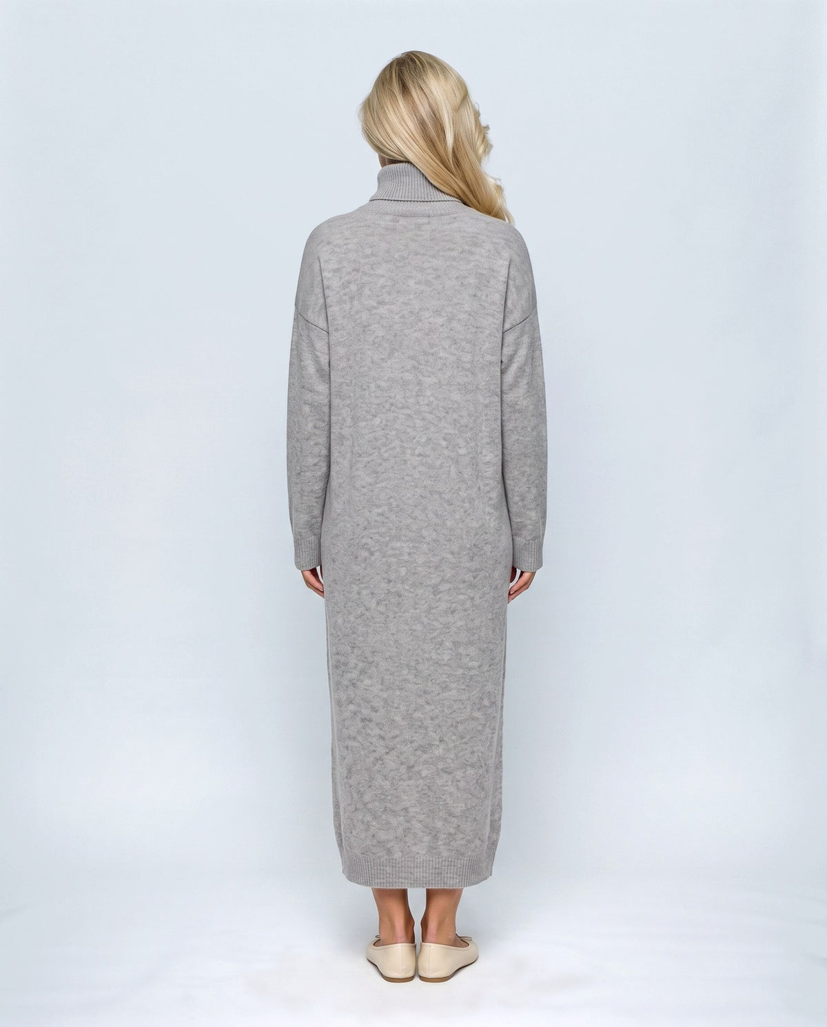 Lou Roll-Neck Maxi Dress in Grey, back view on a non-pregnant model