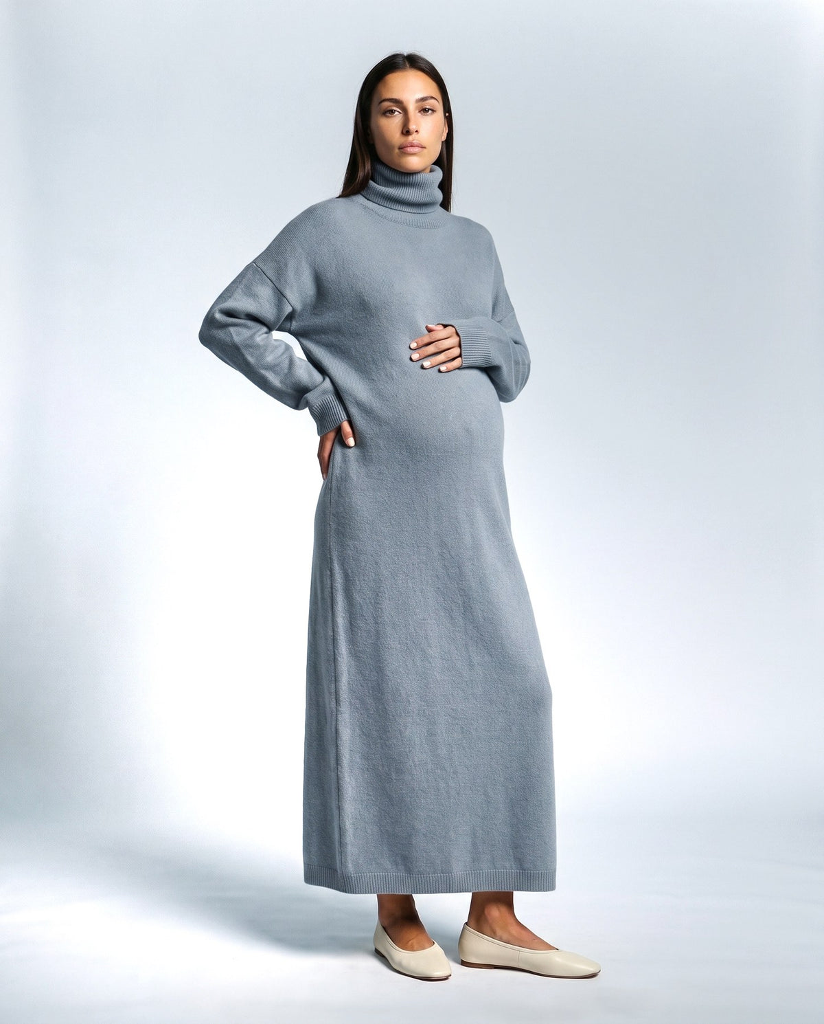 Lou Roll-Neck Maxi Dress in Powder blue, front view
