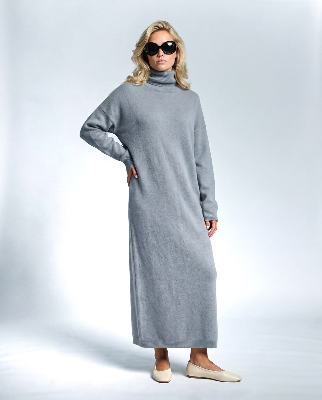 Lou Roll-Neck Maxi Dress in Powder blue, front view on a non-pregnant model