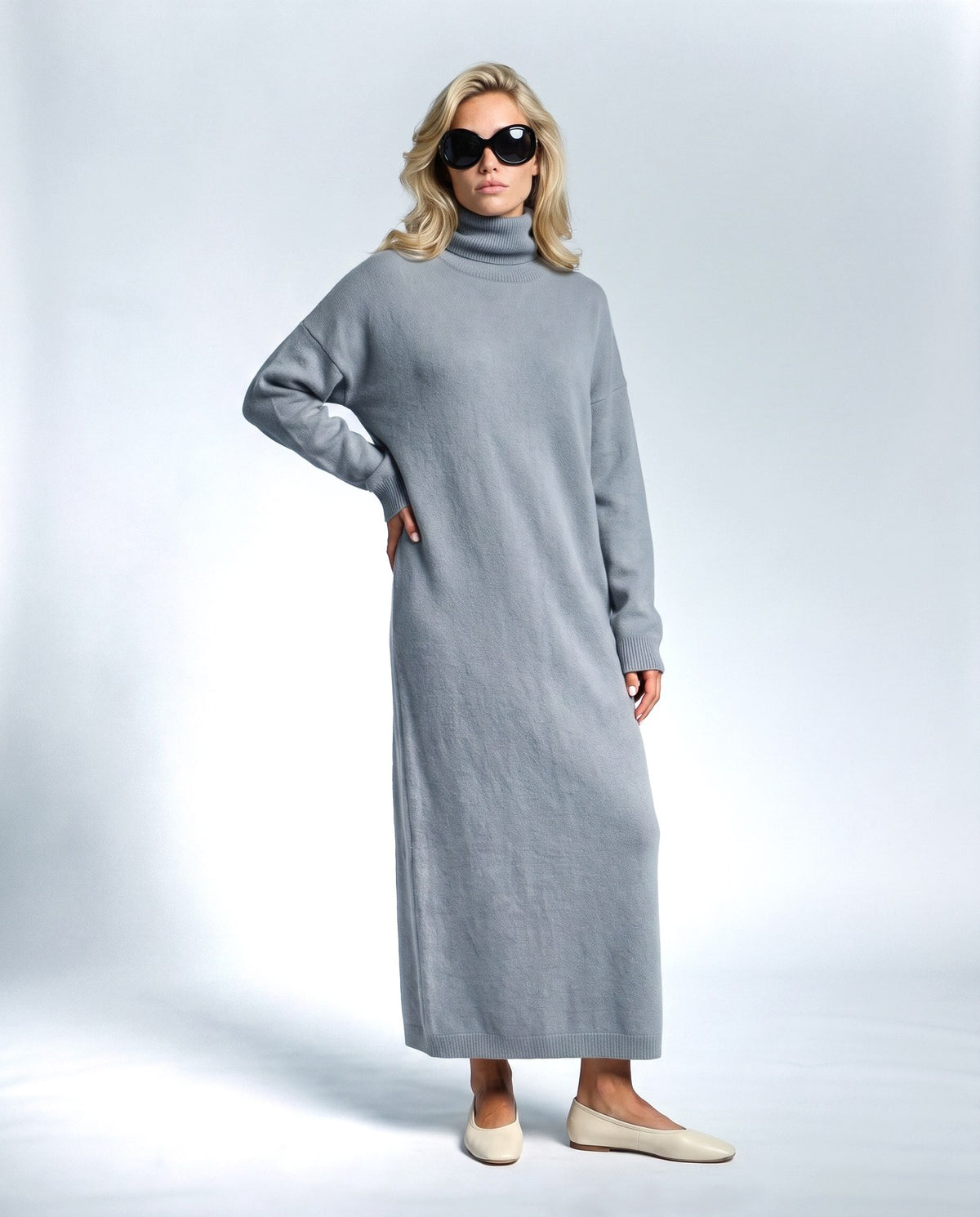 Lou Roll-Neck Maxi Dress in Powder blue, front view on a non-pregnant model