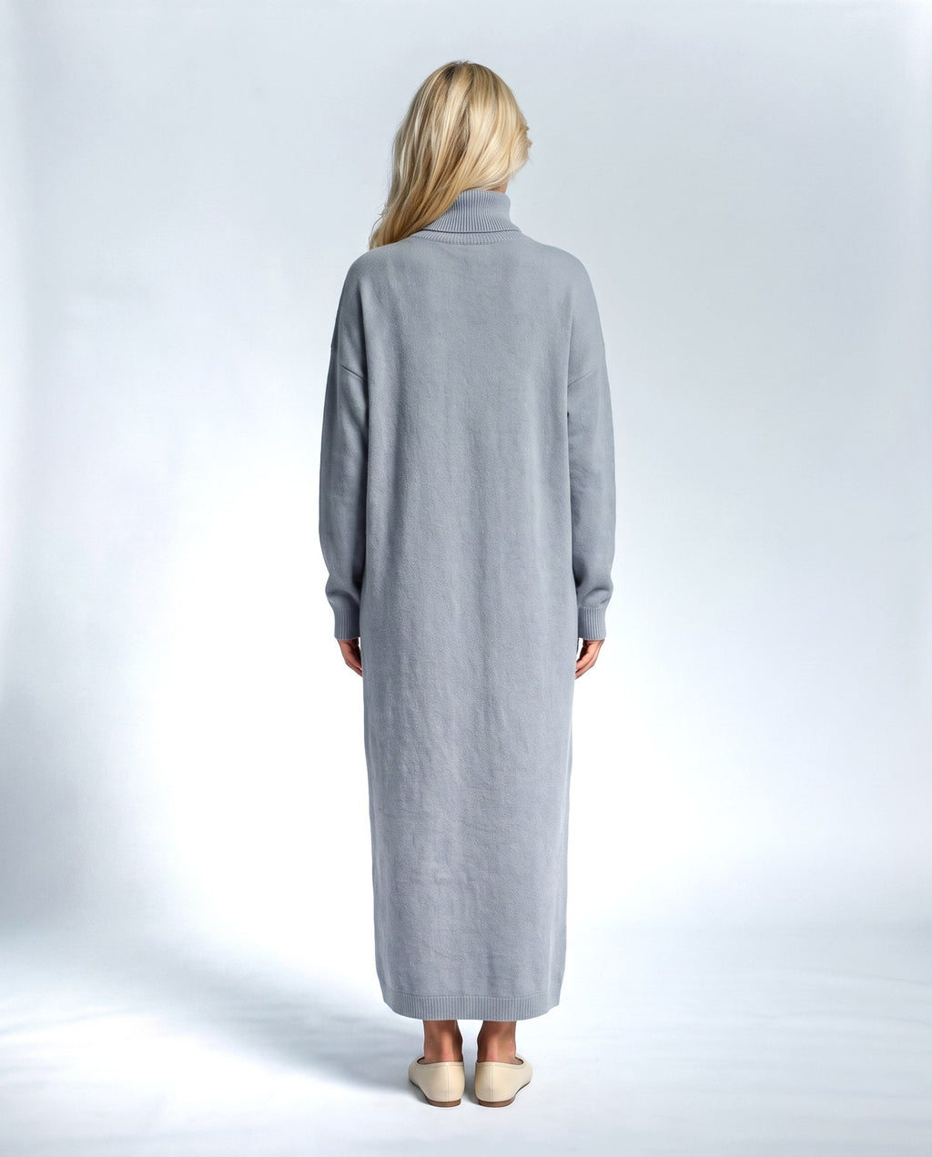 Lou Roll-Neck Maxi Dress in Powder blue, back view on a non-pregnant model