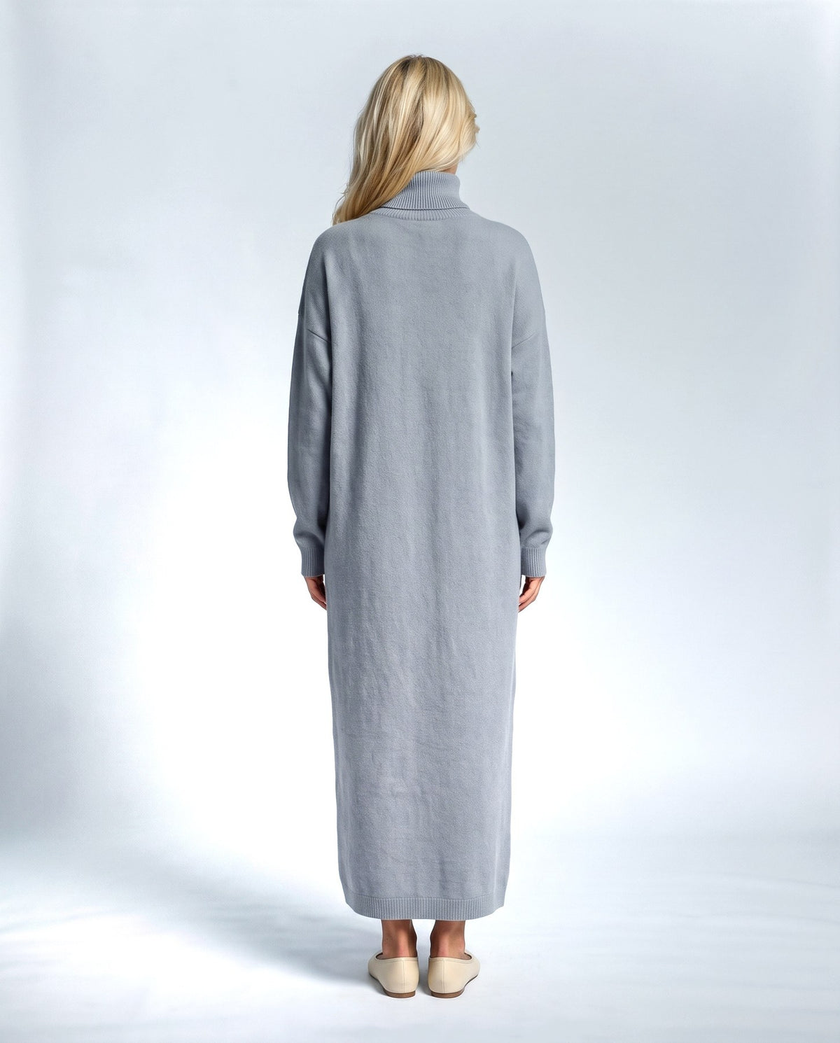 Lou Roll-Neck Maxi Dress in Powder blue, back view on a non-pregnant model