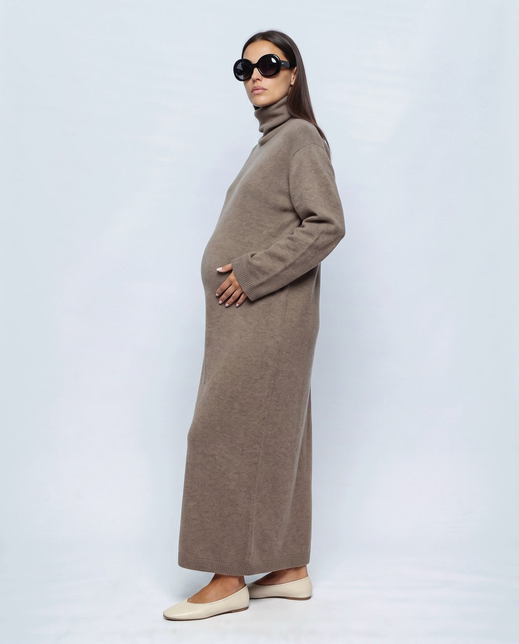 Lou Roll-Neck Maxi Dress in Taupe khaki, side view
