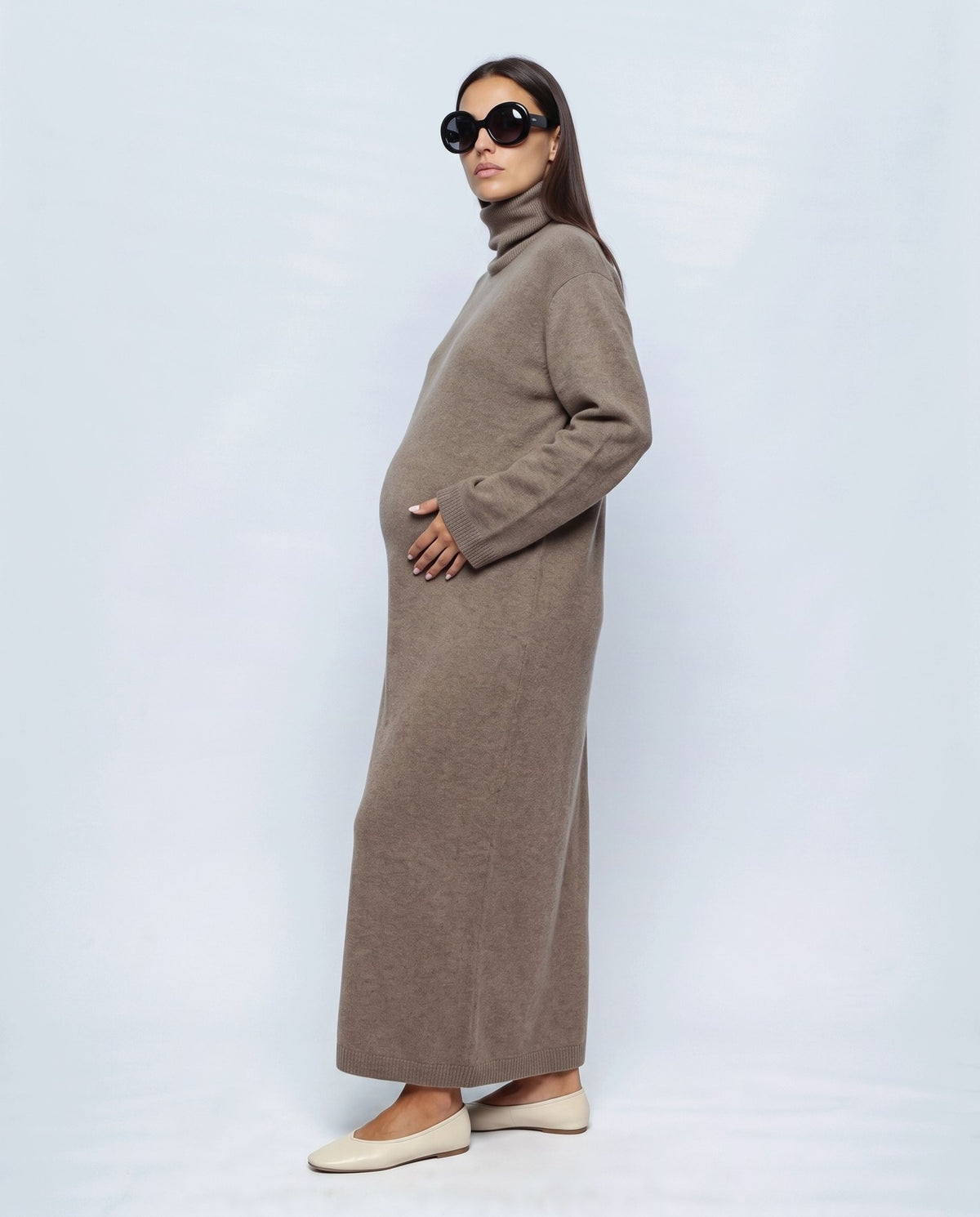 Lou Roll-Neck Maxi Dress in Taupe khaki, side view