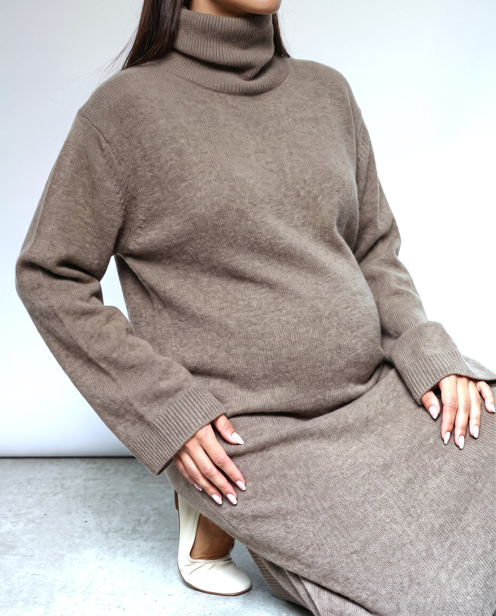 Lou Roll-Neck Maxi Dress in Taupe khaki, fabric detail