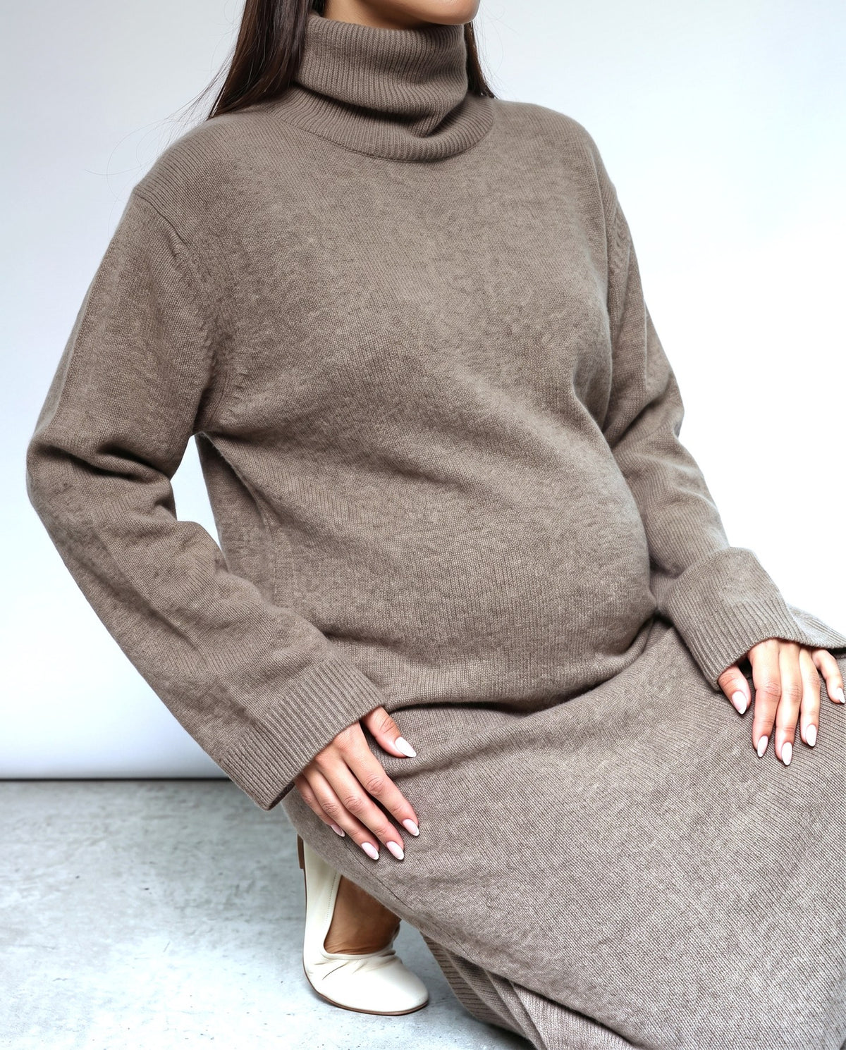 Lou Roll-Neck Maxi Dress in Taupe khaki, fabric detail