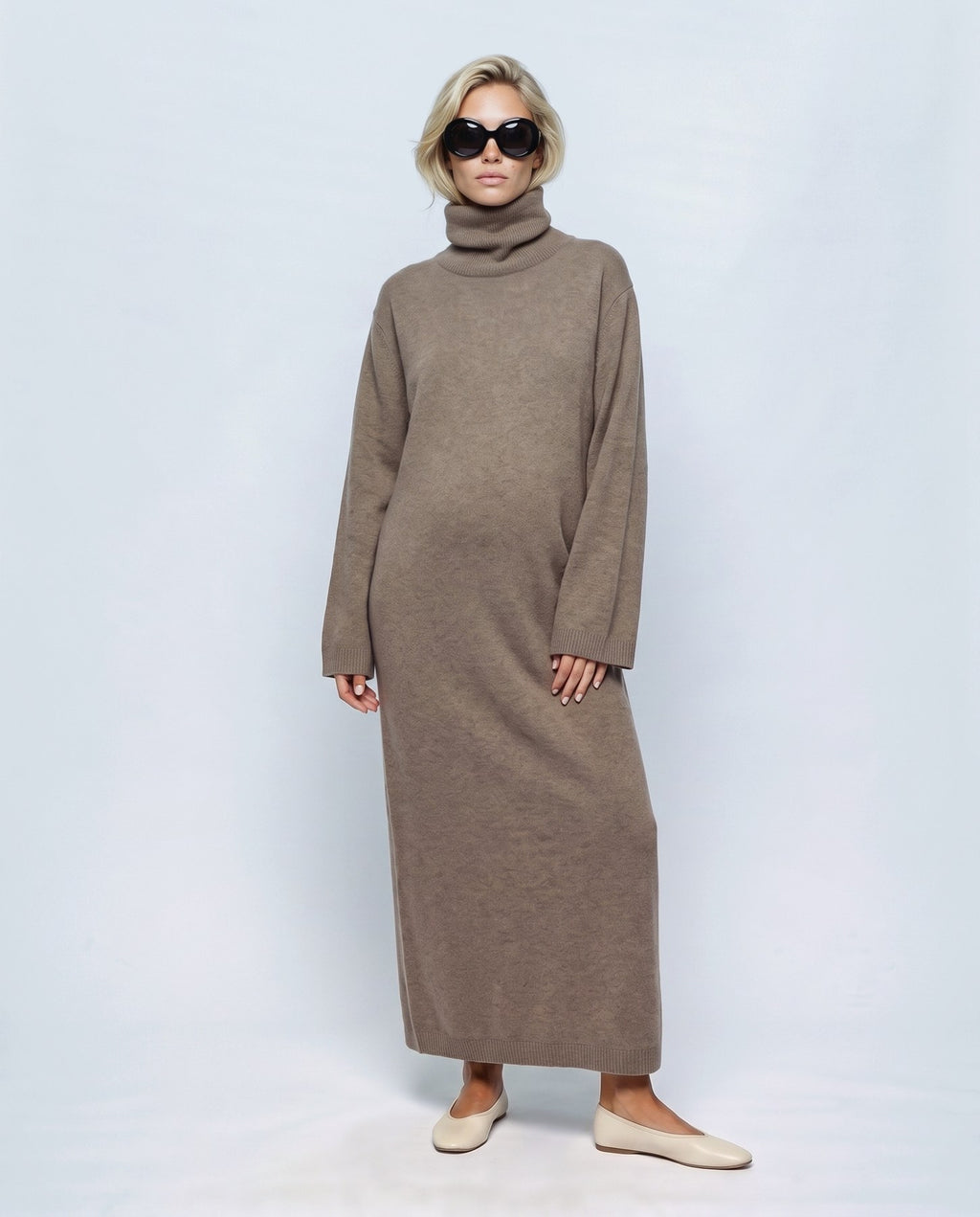 Lou Roll-Neck Maxi Dress in Taupe khaki, front view on a non-pregnant model