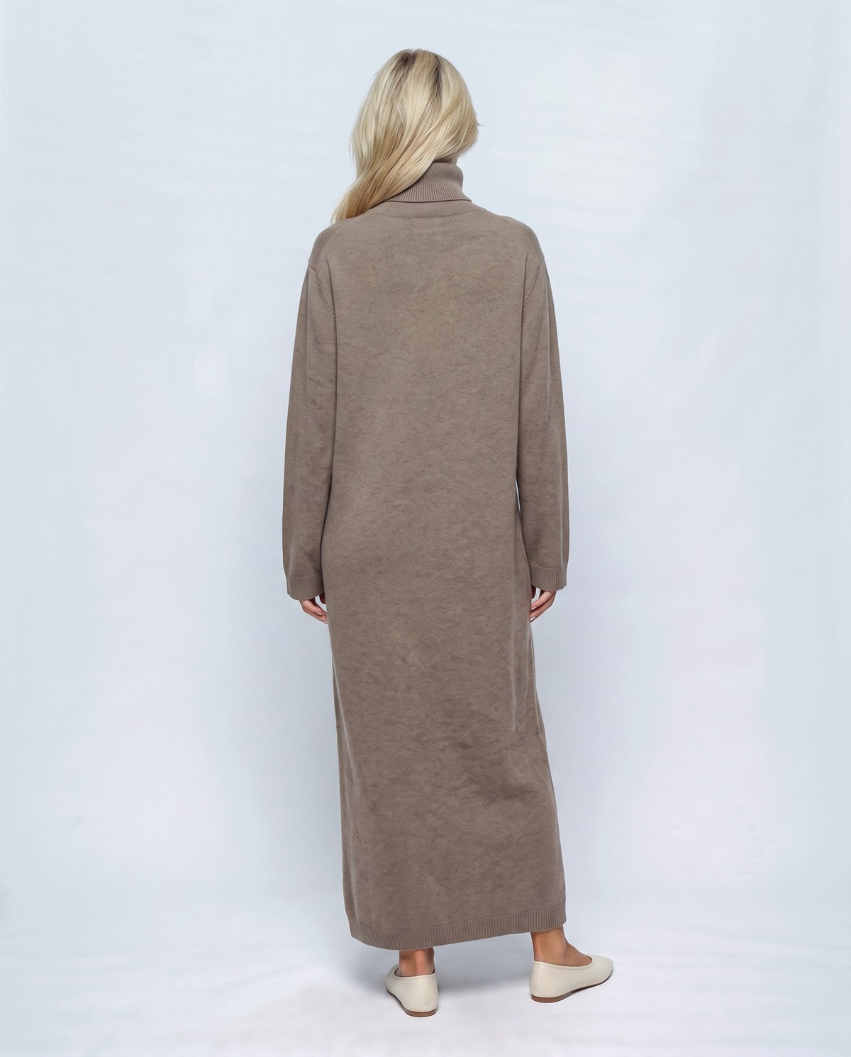 Lou Roll-Neck Maxi Dress in Taupe khaki, back view on a non-pregnant model
