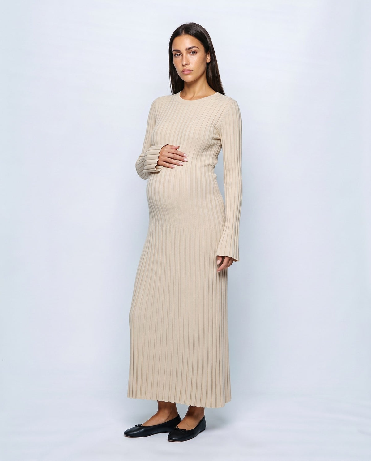Lucie Lace-Up Maxi Dress in Beige, front view