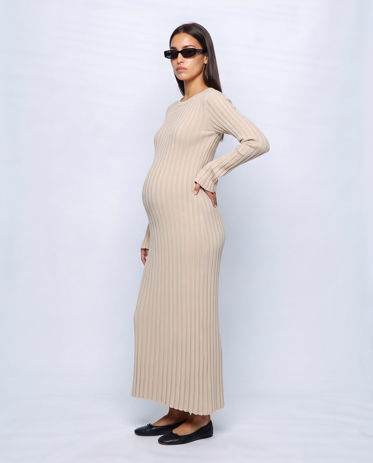Lucie Lace-Up Maxi Dress in Beige, side view