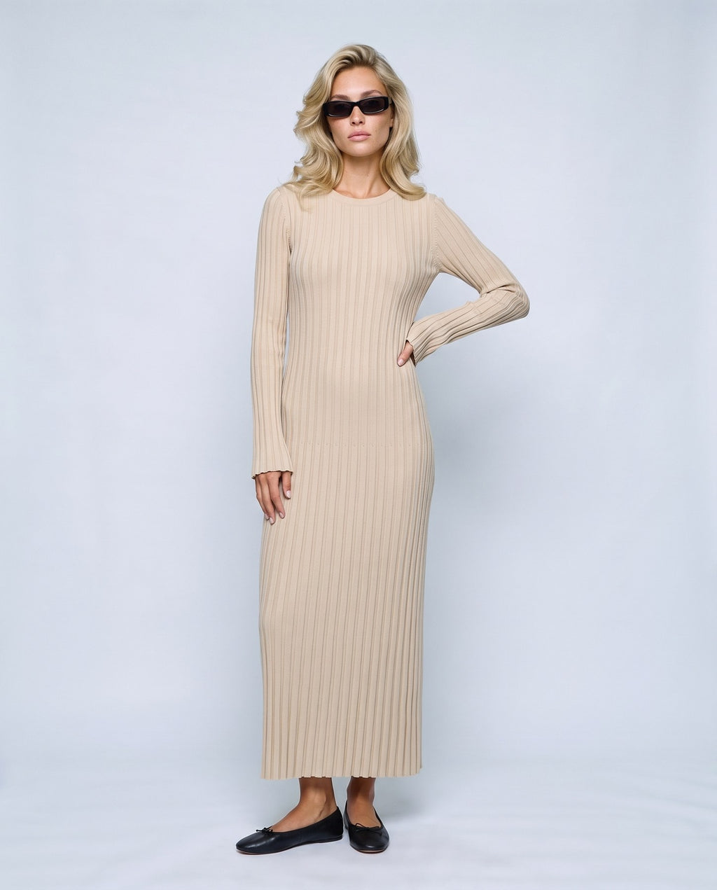 Lucie Lace-Up Maxi Dress in Beige, front view on a non-pregnant model