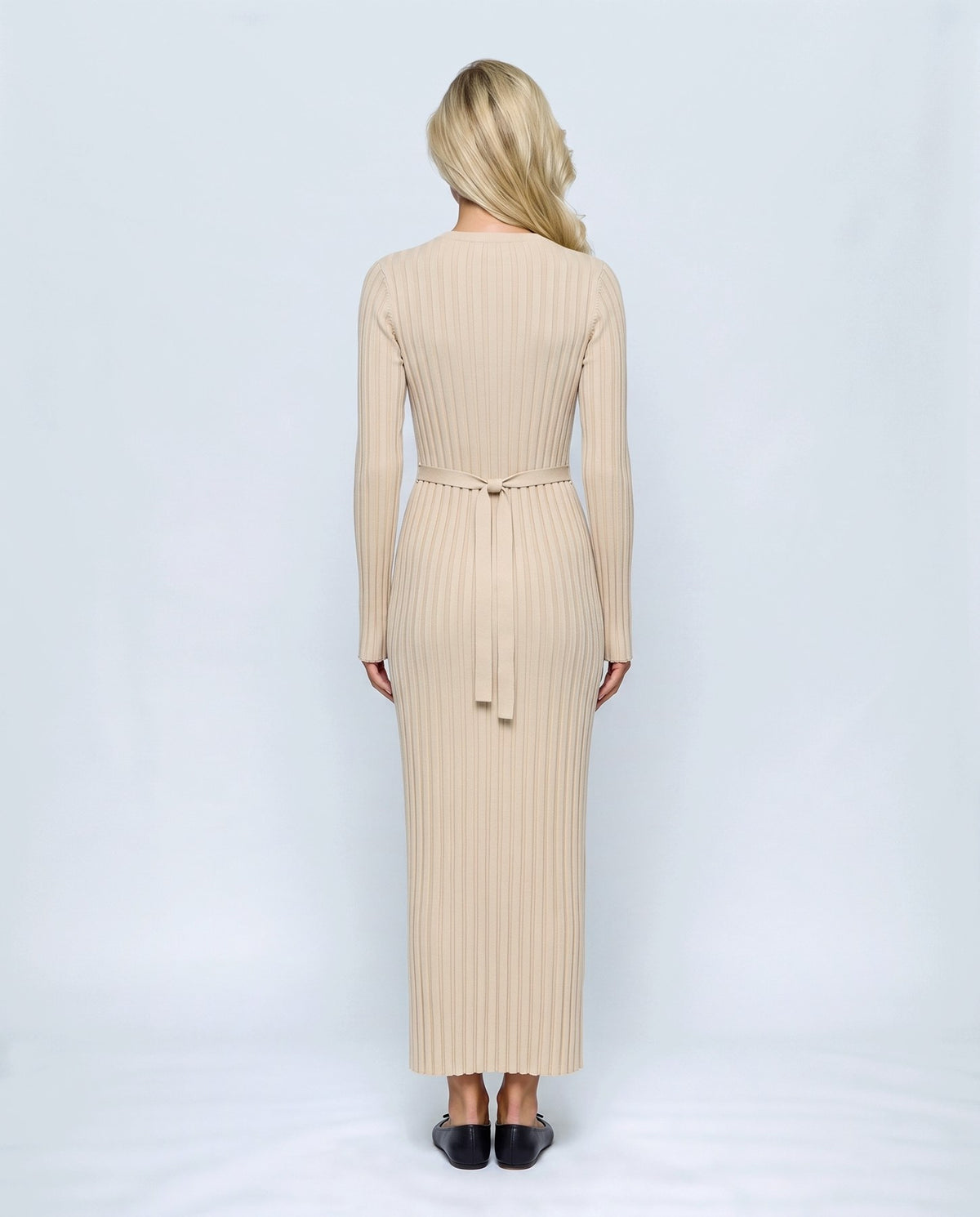 Lucie Lace-Up Maxi Dress in Beige, back view on a non-pregnant model