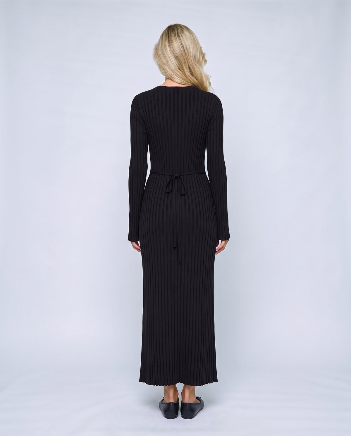 Lucie Lace-Up Maxi Dress in Black, back view on a non-pregnant model