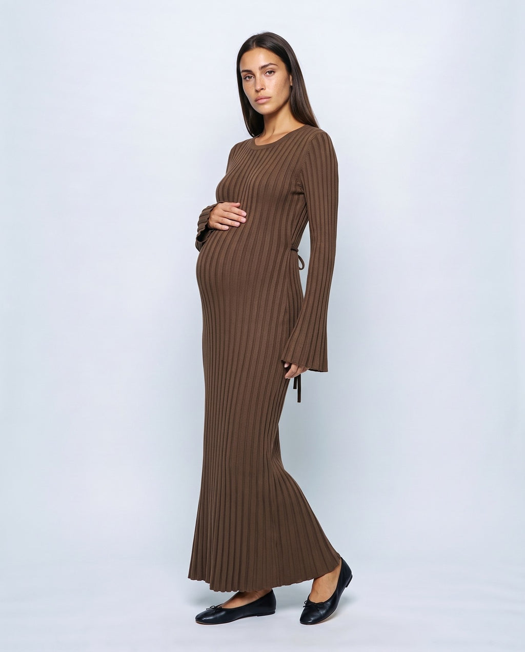 Lucie Lace-Up Maxi Dress in Café, front view