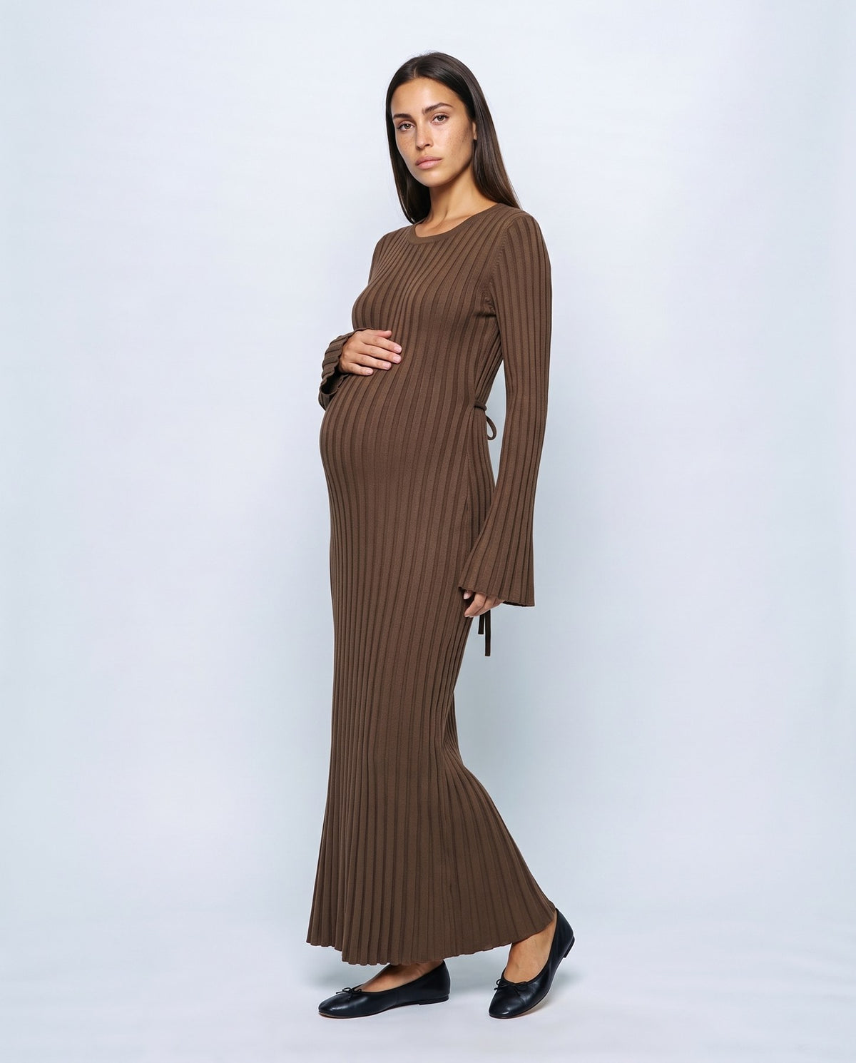 Lucie Lace-Up Maxi Dress in Café, front view