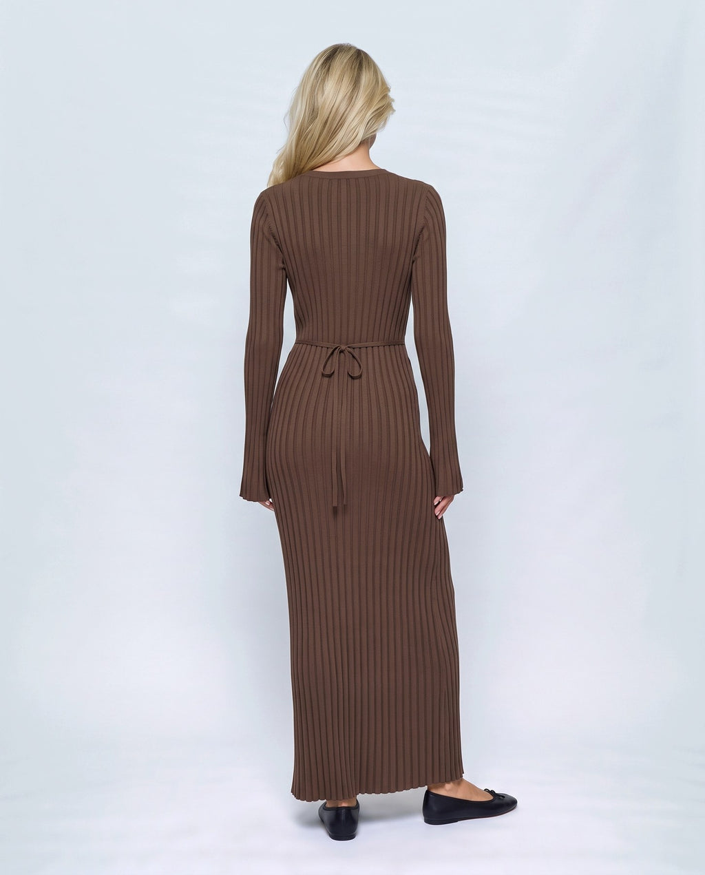 Lucie Lace-Up Maxi Dress in Café, back view on a non-pregnant model
