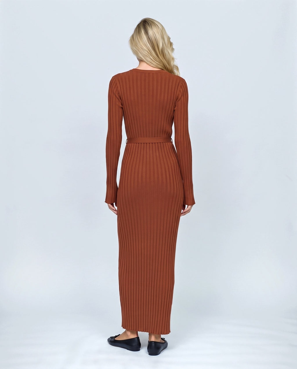 Lucie Lace-Up Maxi Dress in Granate, back view on a non-pregnant model