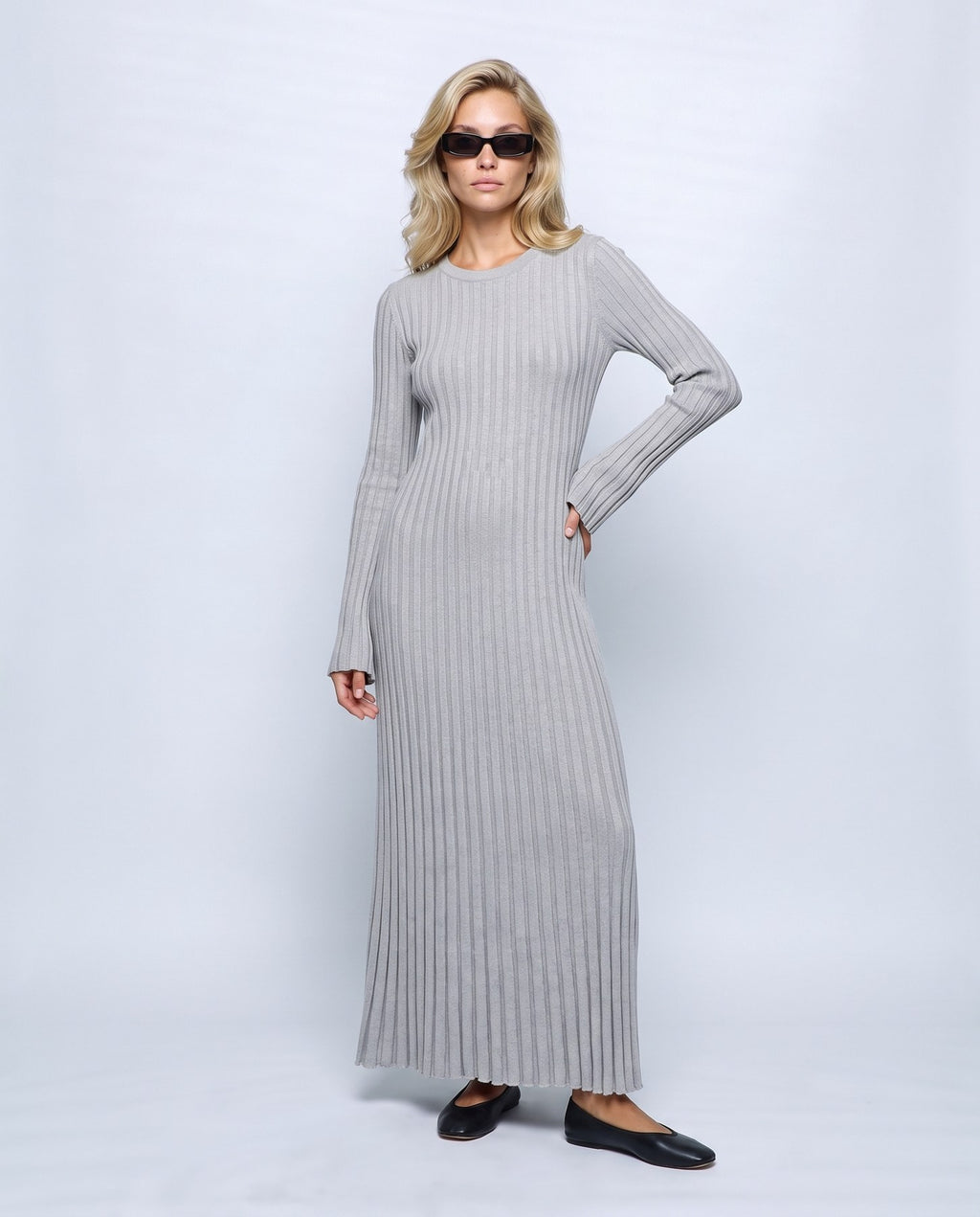 Lucie Lace-Up Maxi Dress in Grey, front view on a non-pregnant model