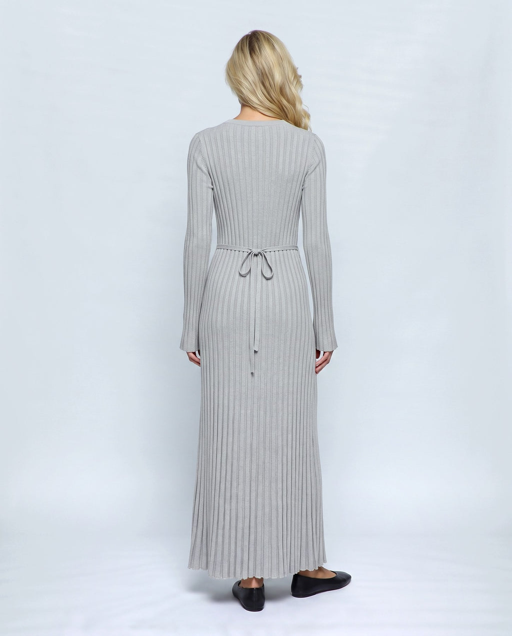 Lucie Lace-Up Maxi Dress in Grey, back view on a non-pregnant model