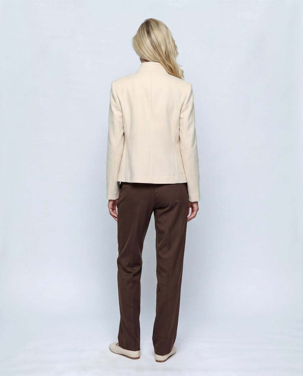 Maelle Stand-Collar Blazer in Beige, back view on a non-pregnant model