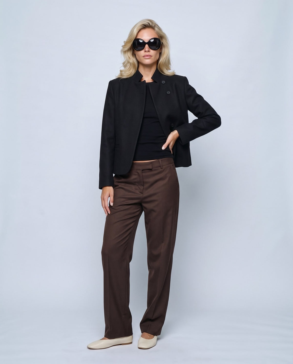 Maelle Stand-Collar Blazer in Black, front view on a non-pregnant model