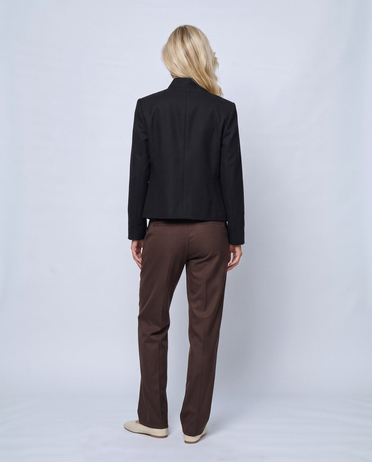 Maelle Stand-Collar Blazer in Black, back view on a non-pregnant model