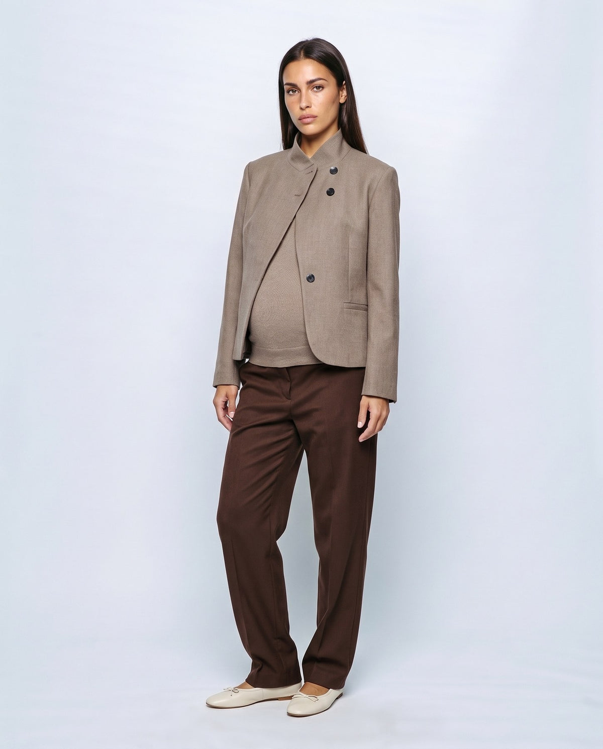 Maelle Stand-Collar Blazer in Taupe, front view