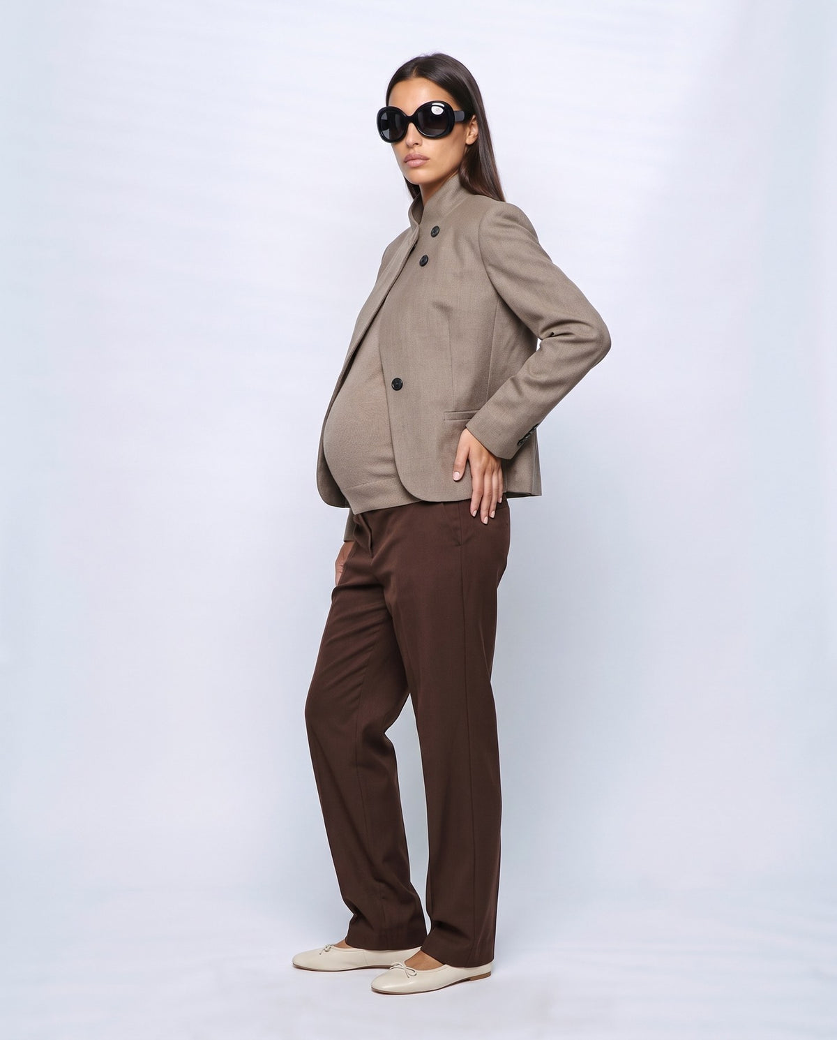 Maelle Stand-Collar Blazer in Taupe, side view