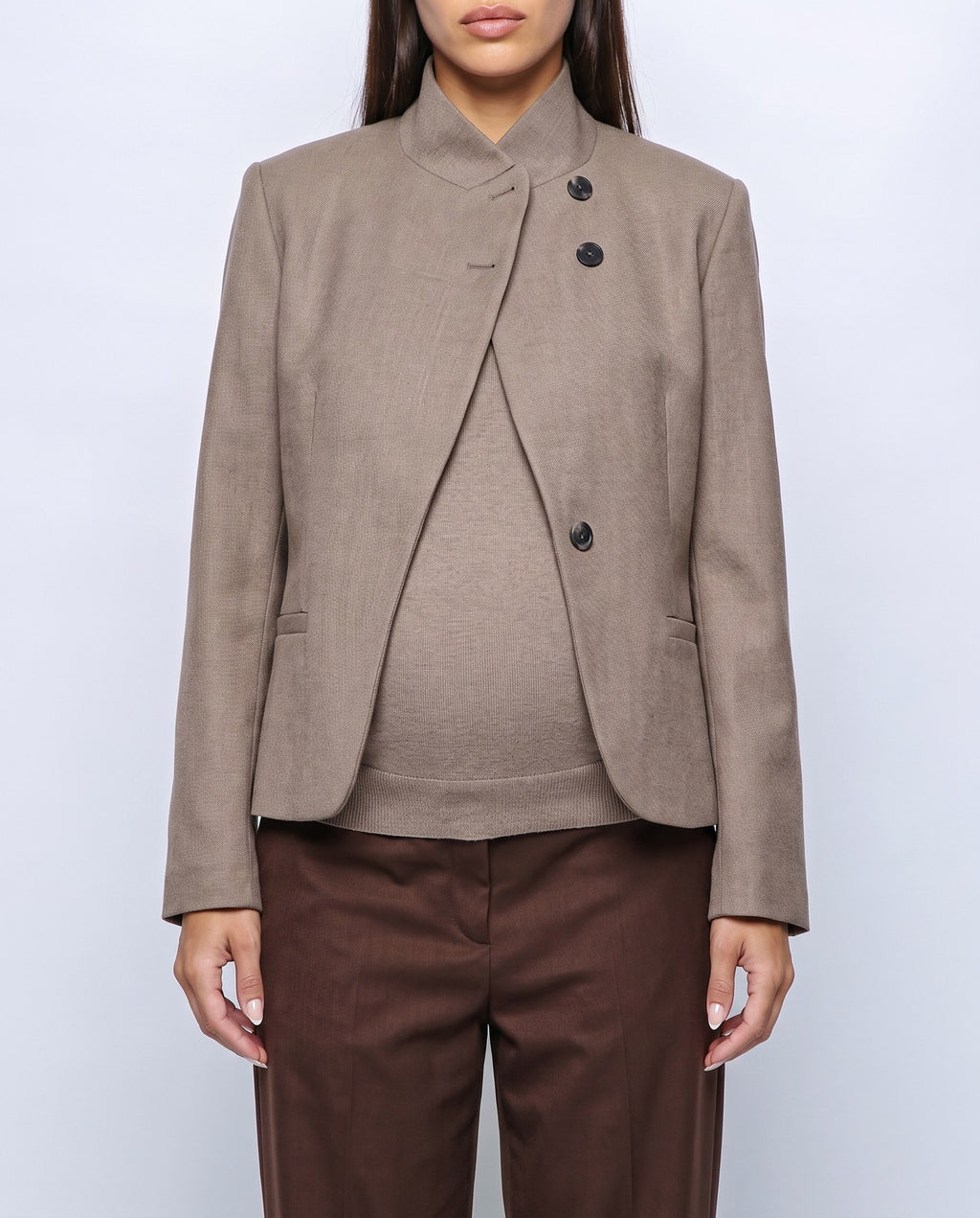 Maelle Stand-Collar Blazer in Taupe, fabric detail