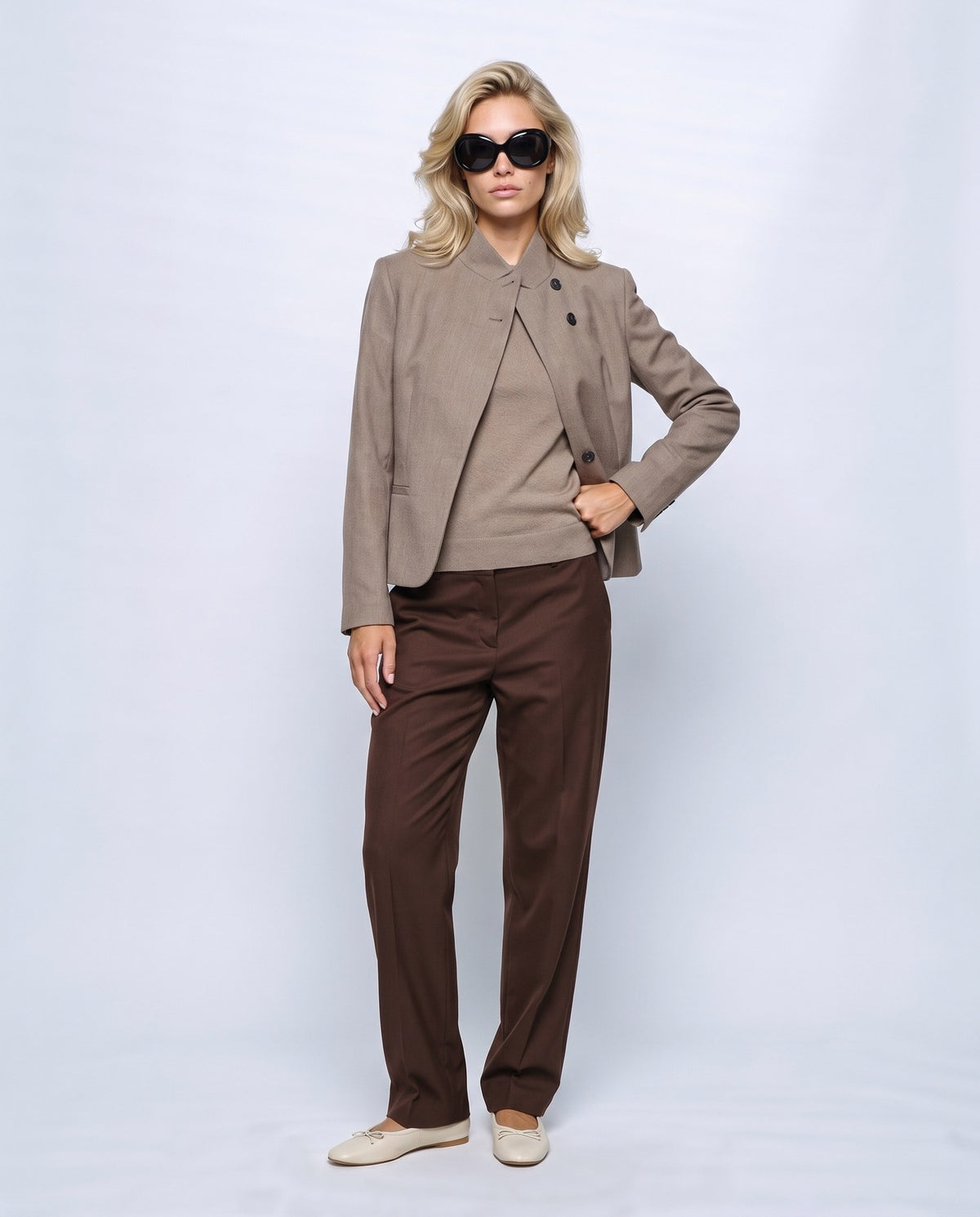 Maelle Stand-Collar Blazer in Taupe, front view on a non-pregnant model