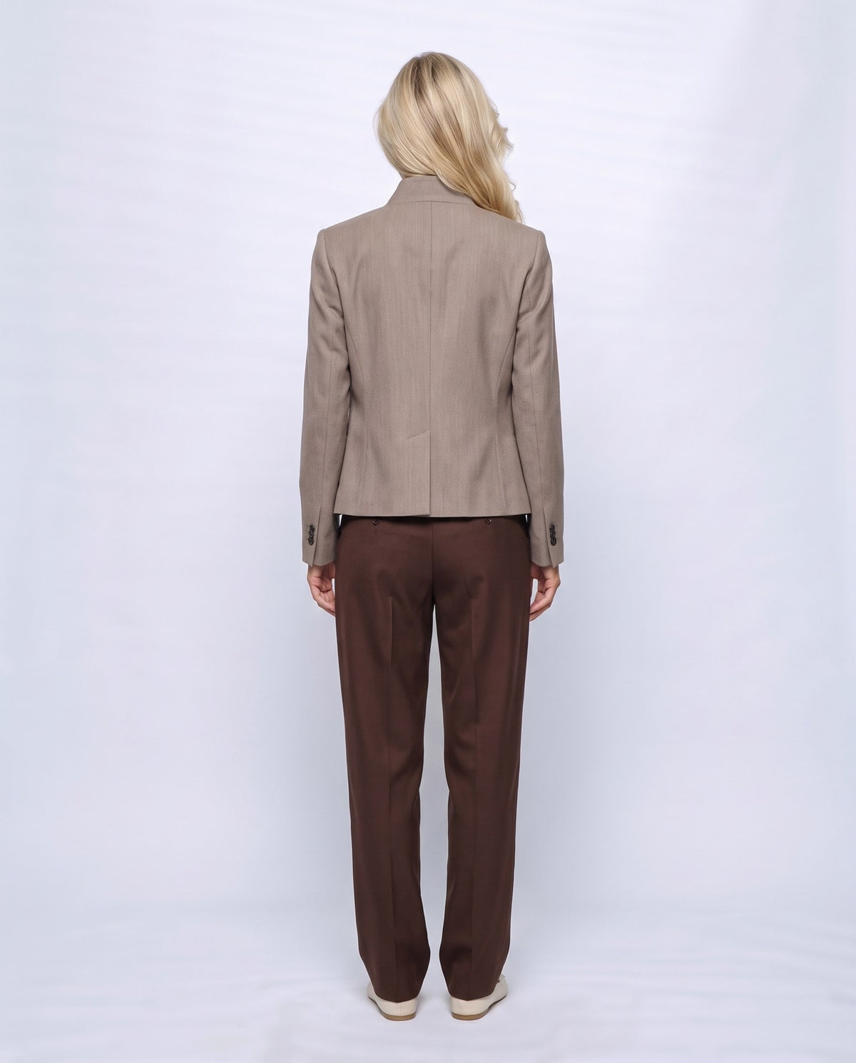 Maelle Stand-Collar Blazer in Taupe, back view on a non-pregnant model