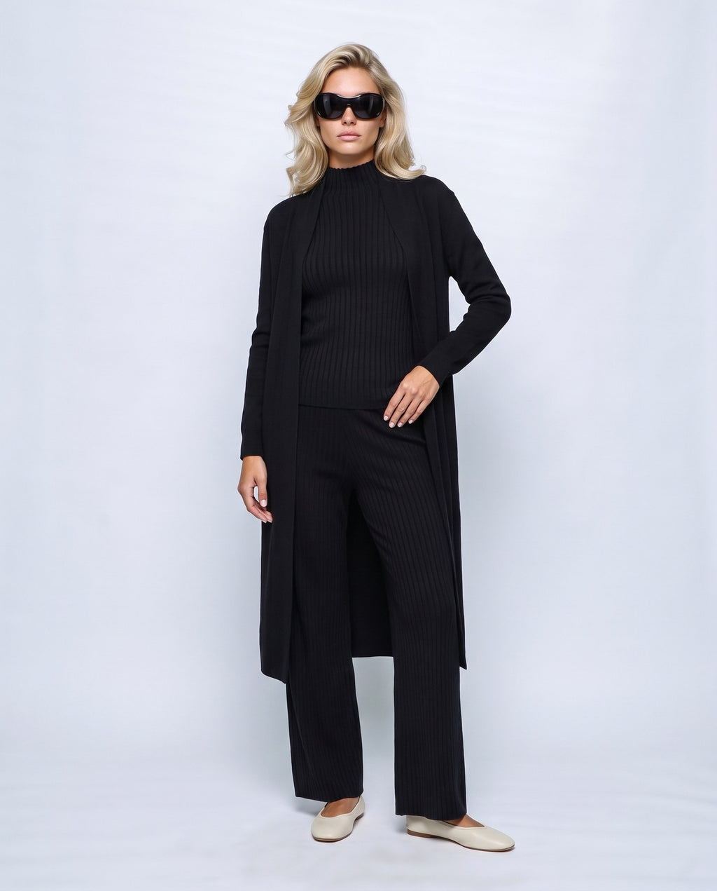 Manon Three-Piece Set in Black, front view on a non-pregnant model