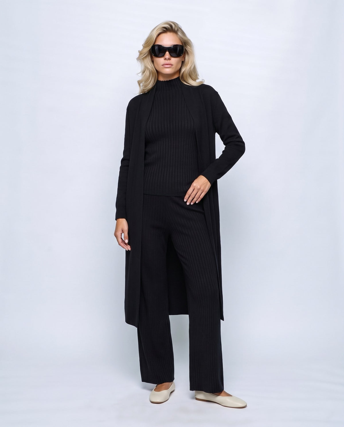 Manon Three-Piece Set in Black, front view on a non-pregnant model
