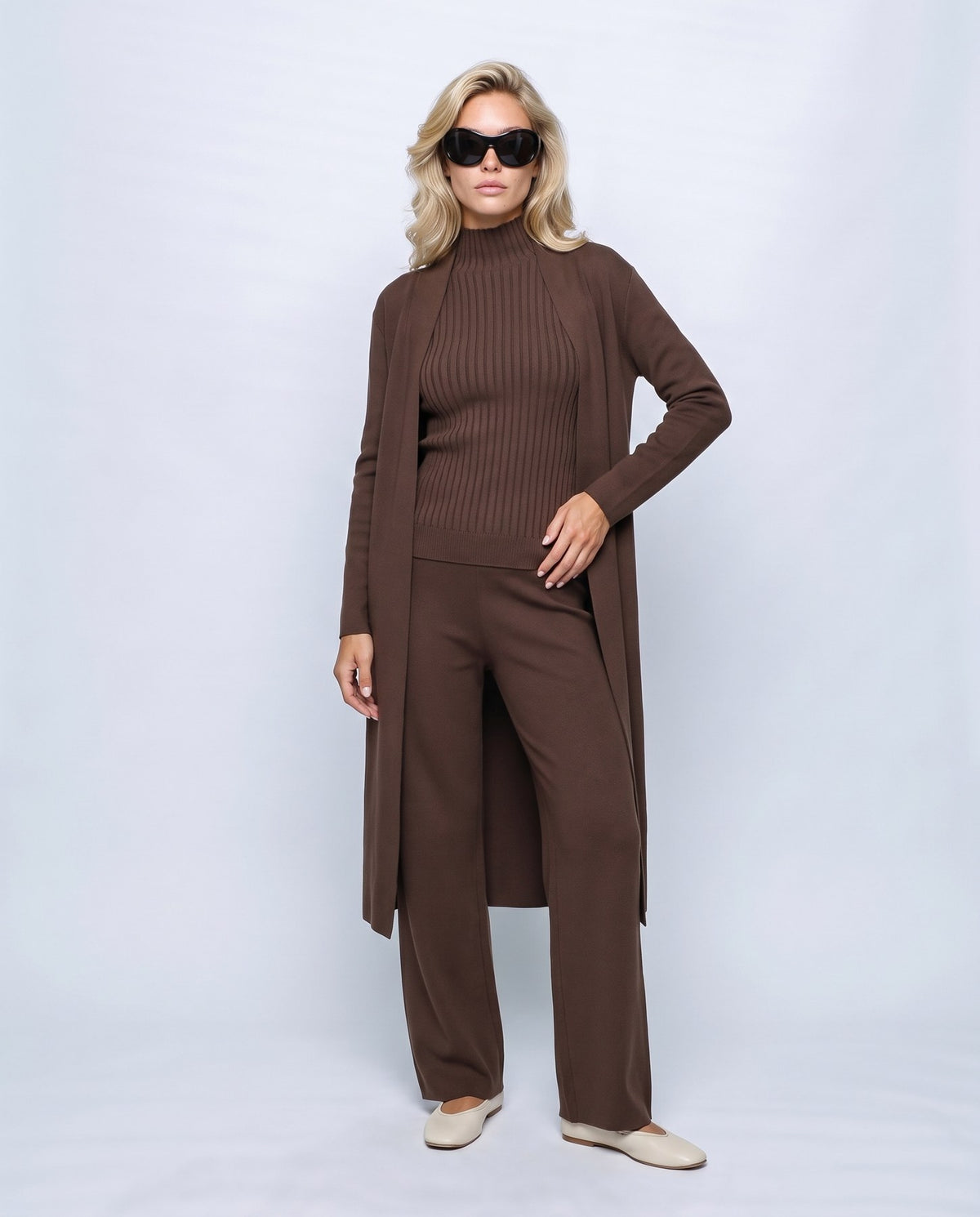 Manon Three-Piece Set in Café brown, front view on a non-pregnant model