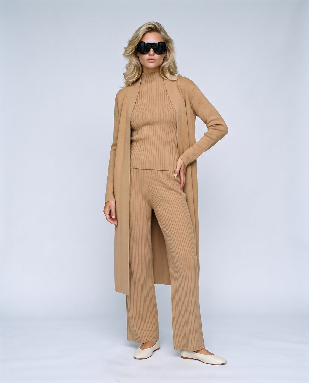 Manon Three-Piece Set in Camel, front view on a non-pregnant model