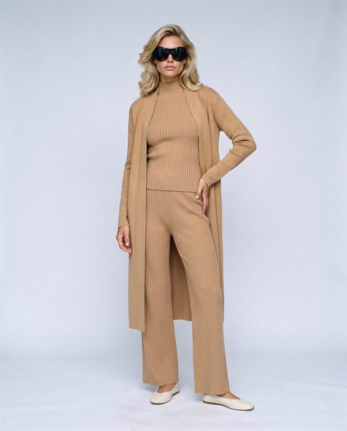 Manon Three-Piece Set in Camel, front view on a non-pregnant model