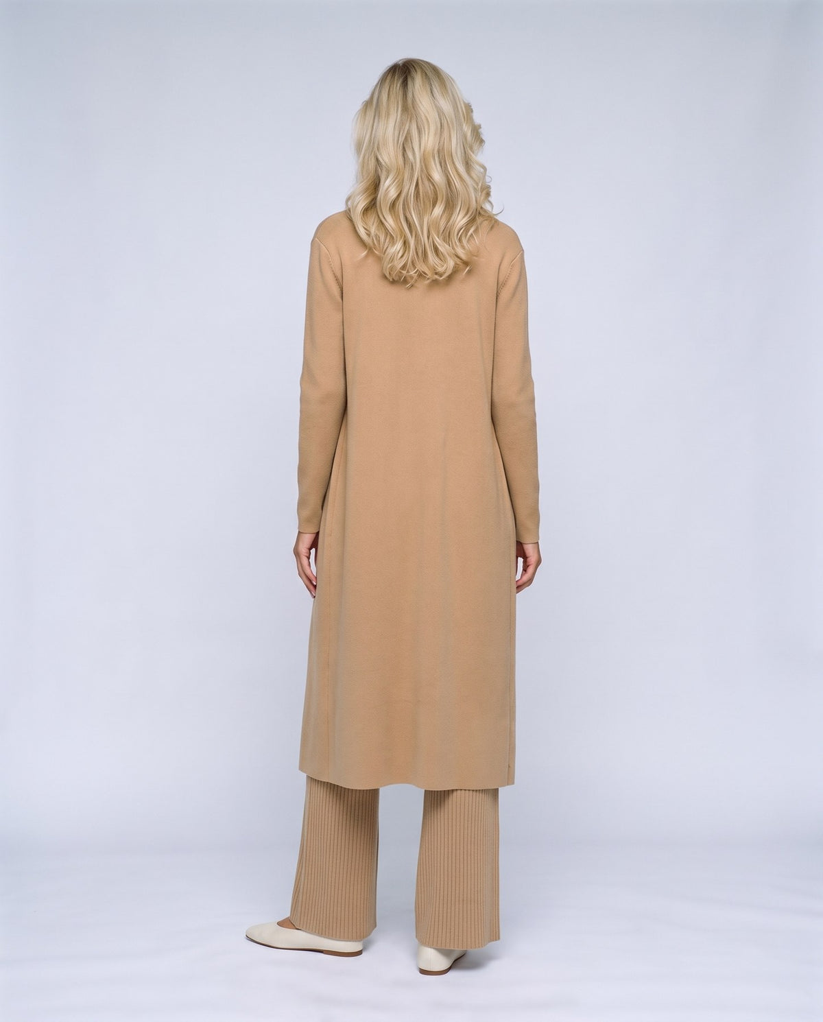Manon Three-Piece Set in Camel, back view on a non-pregnant model