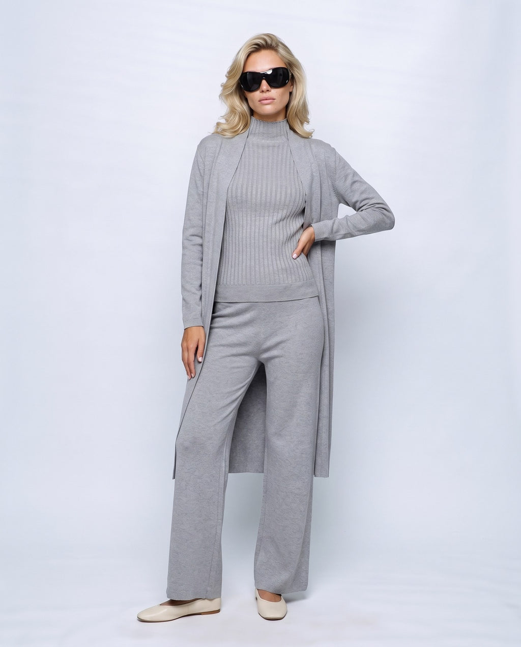 Manon Three-Piece Set in Grey, front view on a non-pregnant model