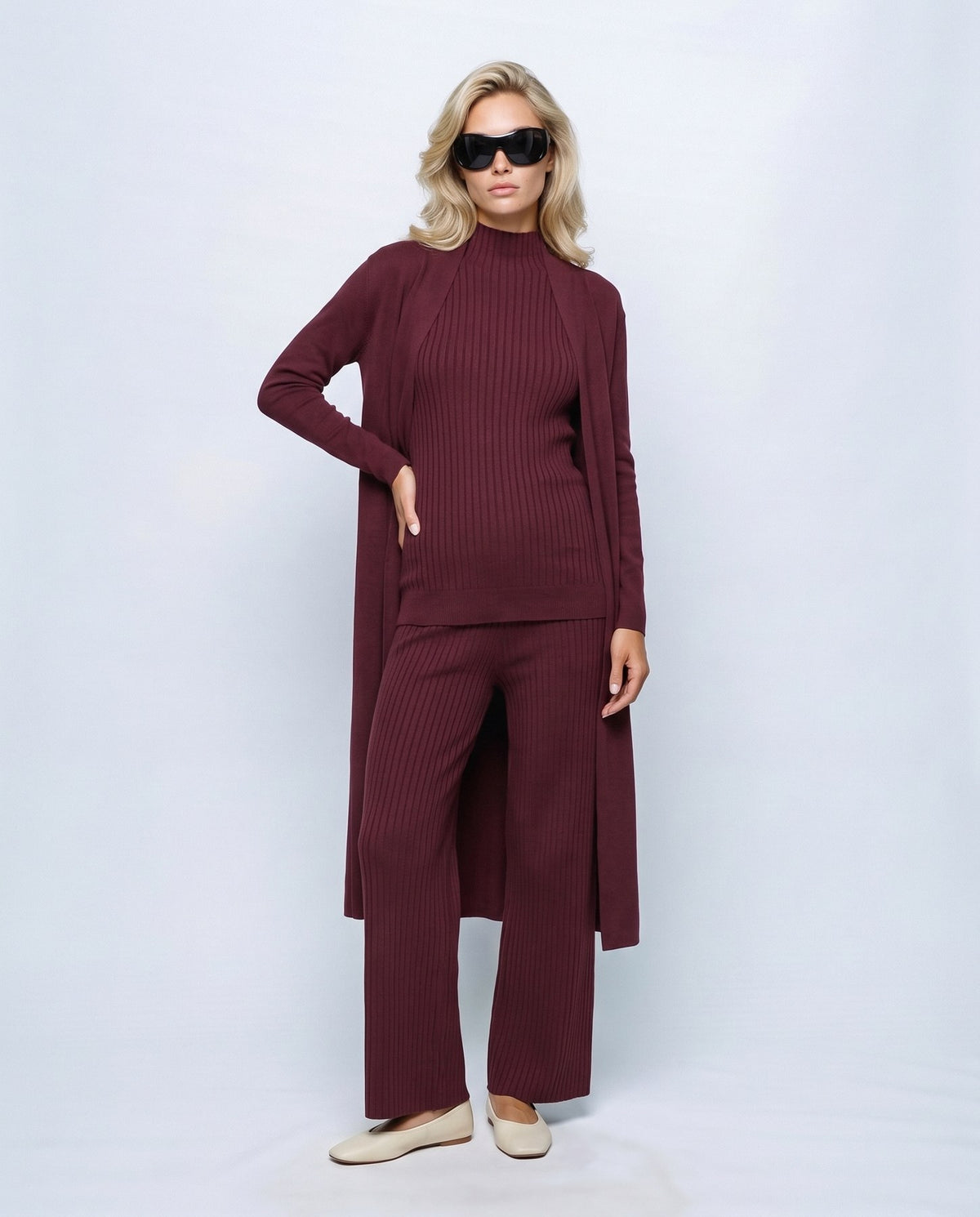 Manon Three-Piece Set in Wine, front view on a non-pregnant model