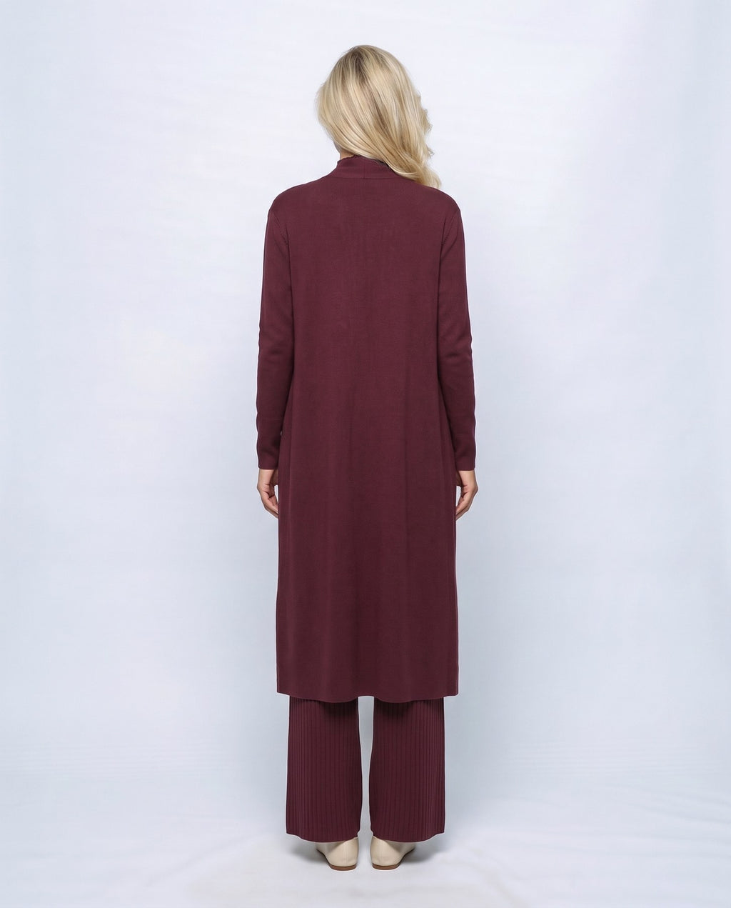 Manon Three-Piece Set in Wine, back view on a non-pregnant model