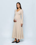 Margot V-Neck Dress in Apricot beige, front view